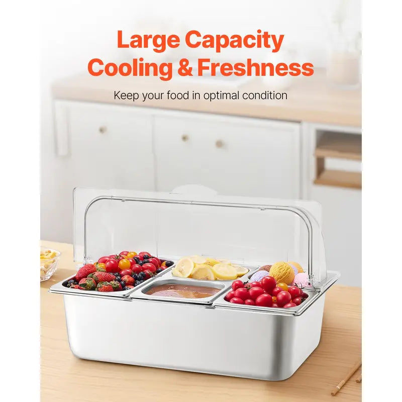 ❄️ 20L Stainless Steel Ice Chilled Buffet Serving Tray | 5 Compartments with Clear Roll-Top Lid for Parties, Catering & Commercial Use