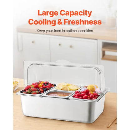 ❄️ 20L Stainless Steel Ice Chilled Buffet Serving Tray | 5 Compartments with Clear Roll-Top Lid for Parties, Catering & Commercial Use