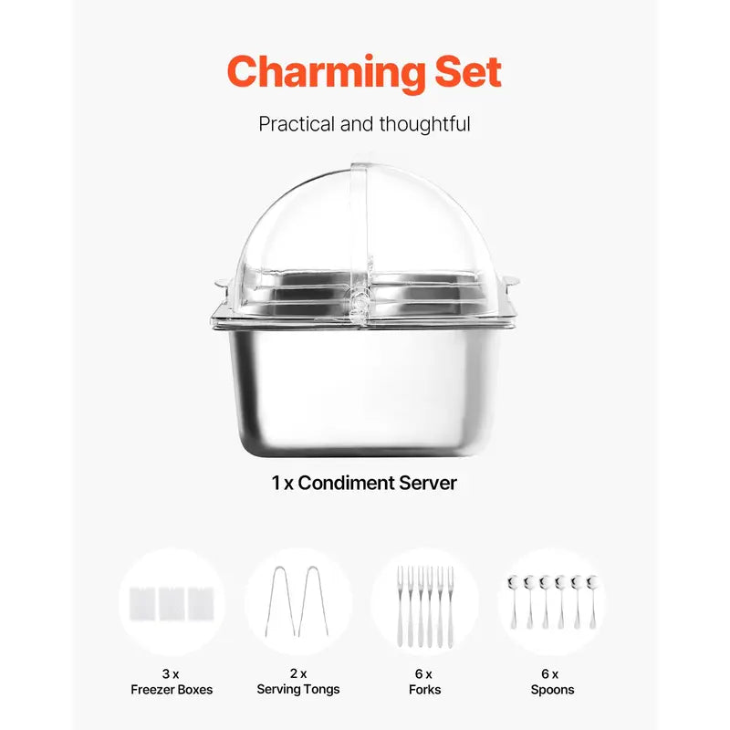❄️ 20L Stainless Steel Ice Chilled Buffet Serving Tray | 5 Compartments with Clear Roll-Top Lid for Parties, Catering & Commercial Use