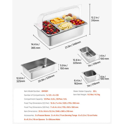 ❄️ 20L Stainless Steel Ice Chilled Buffet Serving Tray | 5 Compartments with Clear Roll-Top Lid for Parties, Catering & Commercial Use