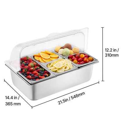 ❄️ 20L Stainless Steel Ice Chilled Buffet Serving Tray | 5 Compartments with Clear Roll-Top Lid for Parties, Catering & Commercial Use