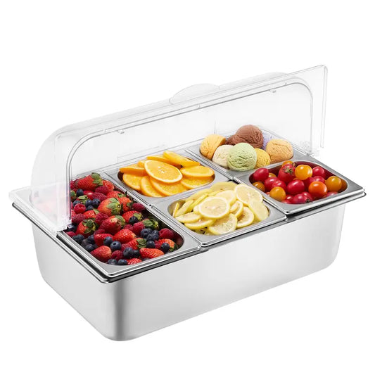 ❄️ 20L Stainless Steel Ice Chilled Buffet Serving Tray | 5 Compartments with Clear Roll-Top Lid for Parties, Catering & Commercial Use
