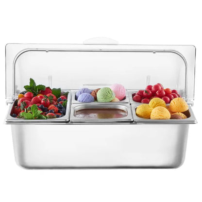 ❄️ 20L Stainless Steel Ice Chilled Buffet Serving Tray | 5 Compartments with Clear Roll-Top Lid for Parties, Catering & Commercial Use