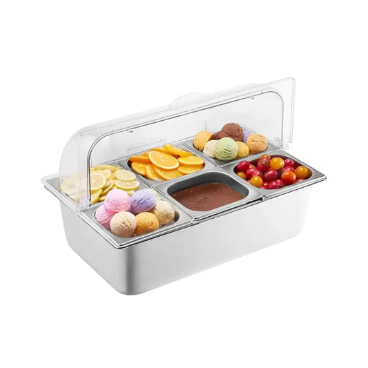 ❄️ 20L Stainless Steel Ice Chilled Buffet Serving Tray | 5 Compartments with Clear Roll-Top Lid for Parties, Catering & Commercial Use